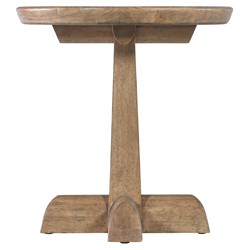 Vince Coastal Beach Grey Travertine Brown Wood Round Pedestal End Table