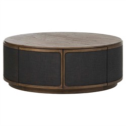 Bertie Rustic Lodge Black Painted Linen Brown Wood Round Storage Coffee Table