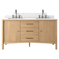 Porter Modern Classic White Marble Brown Oak Double Vanity Sink - 61"