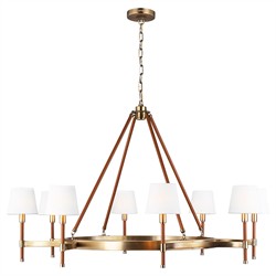 Katie Updated Traditional White Linen Shade Leather Brass Chandelier