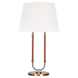 Katie Updated Traditional White Linen Shade Leather Brass Table Lamp