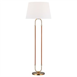 Katie Updated Traditional White Linen Shade Leather Brass Floor Lamp