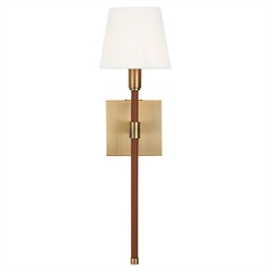 Katie Traditional White Linen Shade Leather Brass Armed Sconce