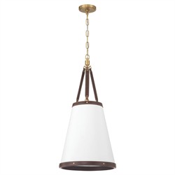 Finley Traditional Brown Leather Trim White Linen 3 Light Pendant