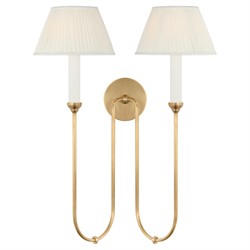 Visual Comfort Ingela White Silk Pleated Antique Brass Double Armed Sconce