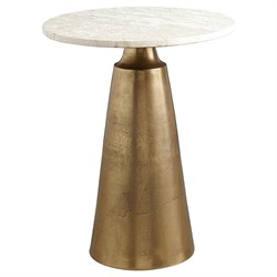 Hera Modern Classic White Travertine Antique Brass Round Outdoor Accent Table