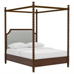 Theodora French Green Striped Performance Brown Wood Canopy Spindle Bed - Queen