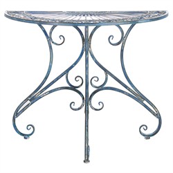 Alessia French Country Antique Blue Iron Demilune Outdoor Console Table