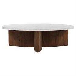 Teddie Rustic Lodge White Marble Brown Oak Wood Round Coffee Table