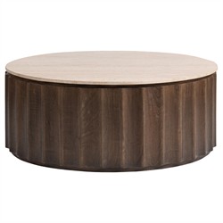 Hailey Modern Classic Travertine Brown Mango Wood Fluted Round Coffee Table