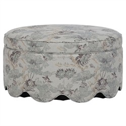 Suzie Misty Blue Linen Floral Round Storage Ottoman