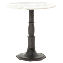 Hervey French Country White Marble Top Dark Grey Iron Pedestal Round Side Table