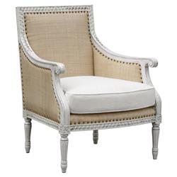 Hanna French Antique White Raffia Nailhead Trim Arm Chair