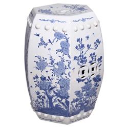 Jaden Global Bazaar Blue &amp;White Hexagonal Floral Bird Motif Outdoor Garden Stool