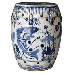Kingyo Global Bazaar Blue White Fish Motif Outdoor Garden Stool