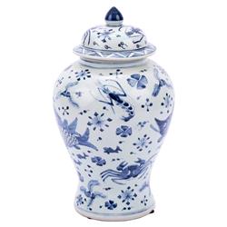 Aspen French Country Blue and White Porcelain Fish Shrimp Crab Ginger Jar