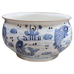Keyla French Blue and White Koi Fish Round Orchid Porcelain Bowl