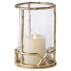 Enzo Coastal Beach Gold Metal Bamboo and Seeded Glass Hurricane - Small