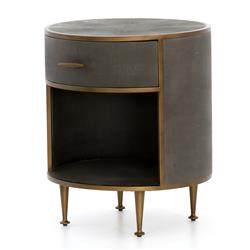 Ena Mid Century Grey Shagreen Wrapped Brass Accent Round Nightstand