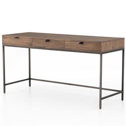 Theodore Industrial Loft 3-Drawer Leather Pull Brown Office Desk