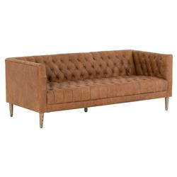 Walter Light Brown Upholstered Leather Natural Wood Tufted Sofa - Small - 75"W