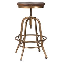 Charlie Industrial Loft Reclaimed Round Pine Seat Brass Counter Stool