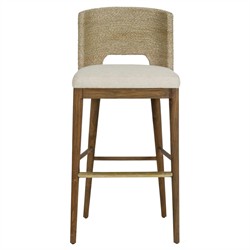Adelyn Coastal Brown Teak Handwoven Seagrass Back Grey Performance Counter Stool