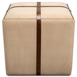 Stetson French Country Beige Upholstered Brown Leather Strap Nailhead Trim Stool