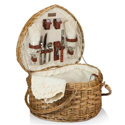 Lauren Modern Classic Brown Willow Cream Heart Picnic Basket with Serveware for 2