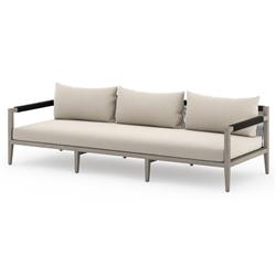 Cheryl Rustic Lodge Beige Upholstered Grey Teak Wood Frame Outdoor Sofa - Large - 93"W