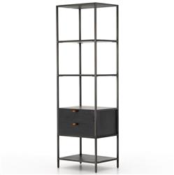 Theodore Industrial Loft Black Wood Grey Iron Frame 2 Drawer Display Bookcase