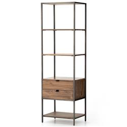 Theodore Industrial Loft Brown Wood Grey Iron Frame 2 Drawer Display Bookcase
