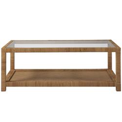 Ariah Coastal Beach Glass Top Brown Rattan Rectangular Coffee Table