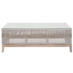 Theodore Coastal Beach Glass Top Grey Woven Rope Outdoor Coffee Table