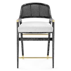 Edward Coastal White Linen Black Mahogany Woven Cane Counter Stool