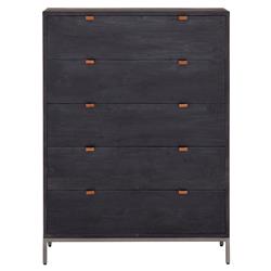 Theodore Industrial Loft Black Wood Leather Pull 5 Drawer Dresser