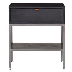 Theodore Industrial Loft Black Wood Grey Iron Leather Pulls 1 Drawer Nightstand