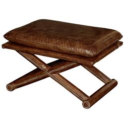 Thiago Rustic Lodge Brown Leather X Base Wood Stool