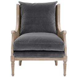 Beau French Country Grey Velvet Natural Cane Birch Wood Wing Arm Chair