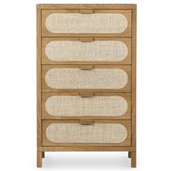 Allie Coastal Brown Oak Light Wood Beige Cane 5 Drawer Dresser