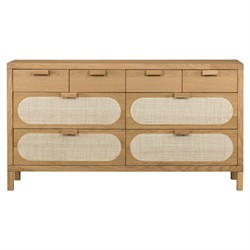 Allie Coastal Brown Oak Light Wood 8 Drawer Beige Cane Dresser