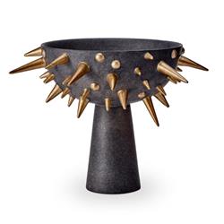 L&#39;Objet Celestial Industrial Black Earthenware Gold Spikes Footed Bowl - Small