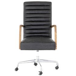 Sonn Mid Century Black Upholstered Leather Brown Wood Silver Steel Tufted Office Chair
