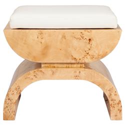 Worlds Away Biggs Modern White Upholstered Cushion Glossy Brown Burl Wood Stool