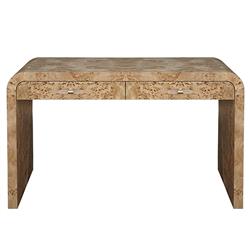 Worlds Away Petra Natural Burl Woodgrain Clear Acrylic Waterfall Edge Desk