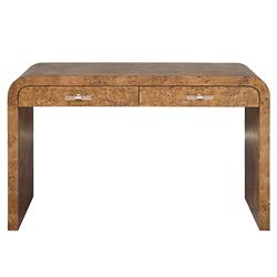 Worlds Away Petra Rustic Brown Burl Woodgrain Clear Acrylic Waterfall Edge Desk