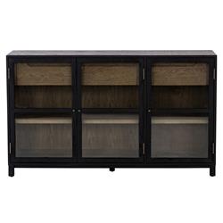 Clarence Rustic Lodge Matte Black Oak Wood Clear Glass 3 Door Sideboard
