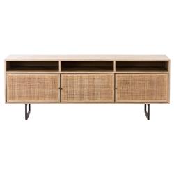 Emilie Mid Century Light Brown Mango Wood Woven Cane Iron Base Media Console - 65"W