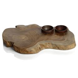 Greg Rustic Lodge Natural Brown Teak Serving Board with Condiment Bowls