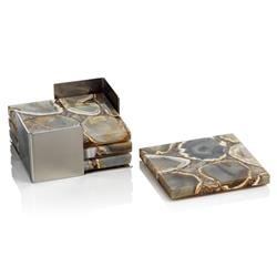 Zoey Modern Classic Brown Agate Stone 4 Piece Coasters with Steel Tray